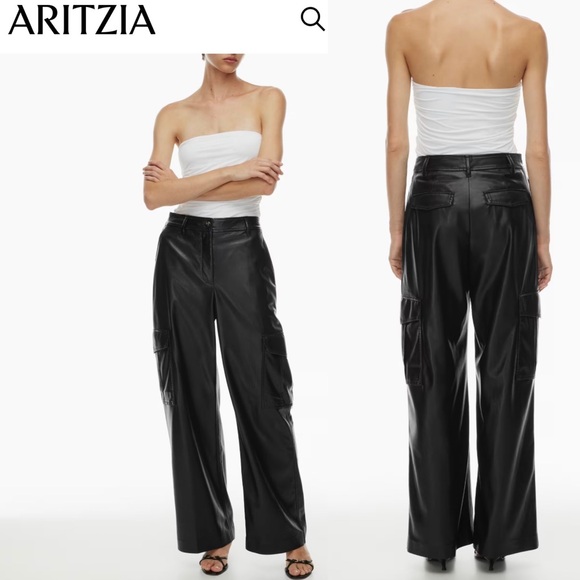 NWOT Aritzia - Wilfred Black premium faux leather New Bridger Cargo Pants - Picture 1 of 12